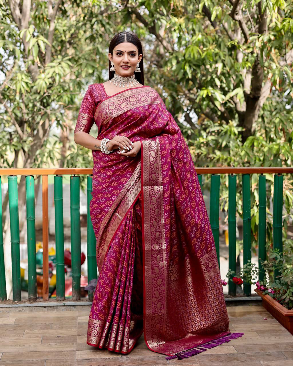 Beautiful Patola Silk With Bandhani Designed Wine Color Saree