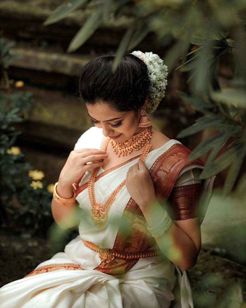 White Color Soft Lichi Silk Golden Zari Saree