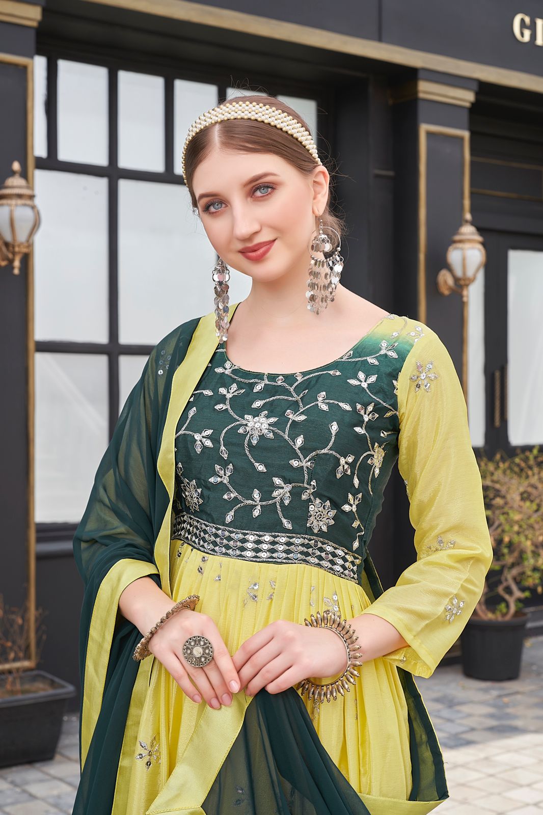 Yellow And Green Color Sequence Work Designer Gown